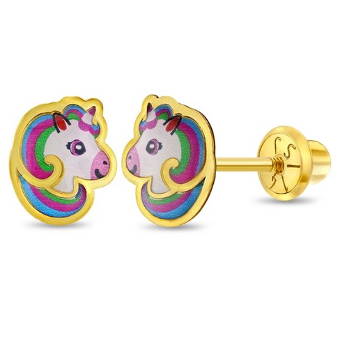 Girls' Rainbow Mane Unicorn Screw Back 14K Gold Earrings - in Season Jewelry