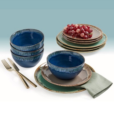 12-Piece Multicolor Ceramic Dinnerware Set with Reactive Glaze