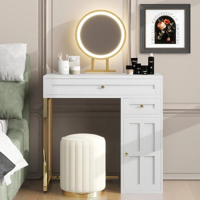 31.5'' Makeup Vanity Desk with Lighted Mirror, Luxury Dressing Table with 2 Drawers and 1 Cabinet, 3 Lighting Modes Available for Bedroom, White-Gold