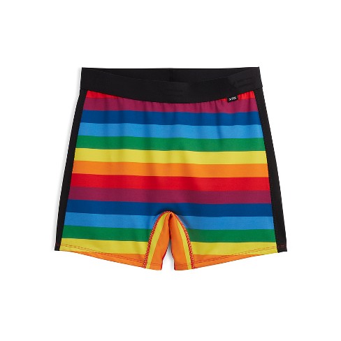 TomboyX Swim 4.5 Shorts, Quick Dry Bathing Suit Bottom Mid-Rise Trunks,  Bike Short Style, Plus Size Inclusive (XS-4X) Rainbow Pride Strip Large