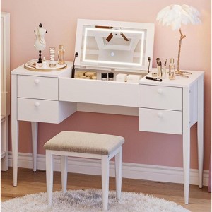 47" Makeup Vanity Desk with Mirror & Lights - 3 Lighting Modes - 5-Drawer Vanity Set with Chair - Stylish Cosmetic Storage for Bedroom - 1 of 4