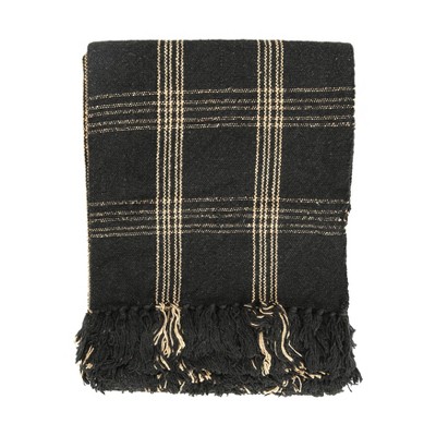 Storied Home Soft Woven Reclaimed Cotton Blend Throw with Fringe, Black and Tan Plaid