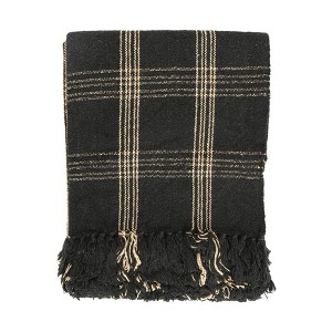 Storied Home Soft Woven Reclaimed Cotton Blend Throw with Fringe, Black and Tan Plaid - 1 of 4