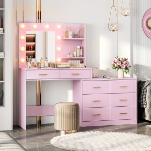 61" Make Up Vanity Desk with Mirror and Lights, White Vanity with 8 Wide Storage Drawers & 2 Tier Shelves - 1 of 4