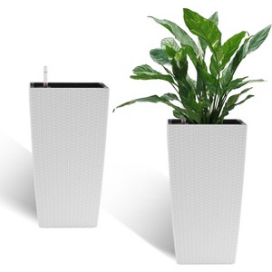 Gulches Modern Faux Rattan Design Square Planter, 22.6 inch White Plastic Large Planter(White, 22.6 inch - 2 Pack) - 1 of 4