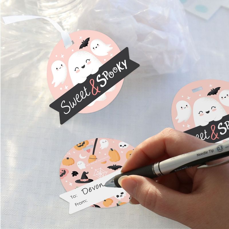 Big Dot of Happiness Pastel Halloween - Pink Pumpkin Party Clear Goodie Favor Bags - Treat Bags With Tags - Set of 12, 3 of 9