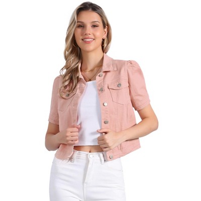 INSPIRE CHIC Women's Casual Short Puff Sleeves Button-Down Jean Denim Jacket