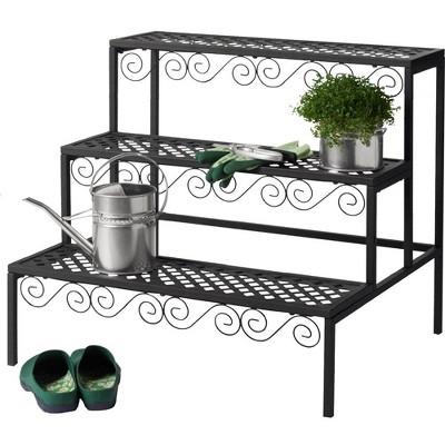 Tierra Garden Black Steel Three-Tier Scrollwork Plant Stand