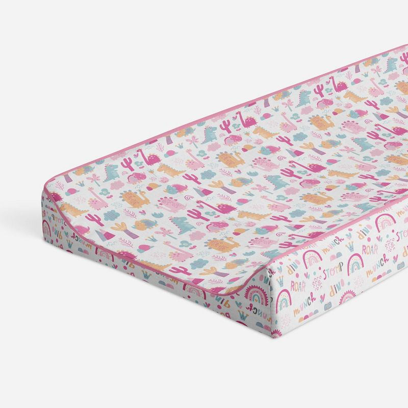 Bacati - Little Dino Girls Fucshia/Aqua Muslin Quilted Changing Pad Cover, 1 of 10