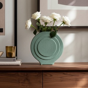 Modern Decorative Vase - Round Ceramic Dolomite Flower Vase - Textured Minimalist Accent Piece for Home, Office, Bedroom, and Living Room - 1 of 4