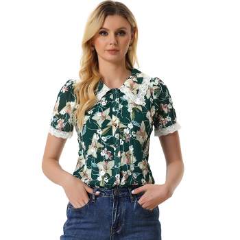 Allegra K Women's Peter Pan Collar Lace Trim Embroidered Casual Floral Blouse