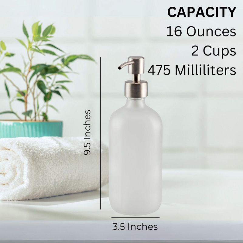 Cornucopia Brands 16oz Frosted Glass Soap Dispenser w/Stainless Steel Pumps. 2pk; Bottles w/Lotion Pump Tops and Caps, 3 of 9