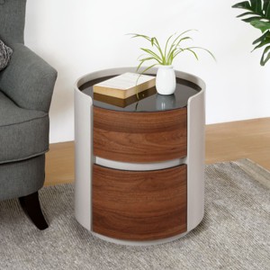 Stylish Round Side Table with Dual Storage Drawers, Tempered Glass Top and Seamless Modern Silhouette for Living Room-Maison Boucle - 1 of 4