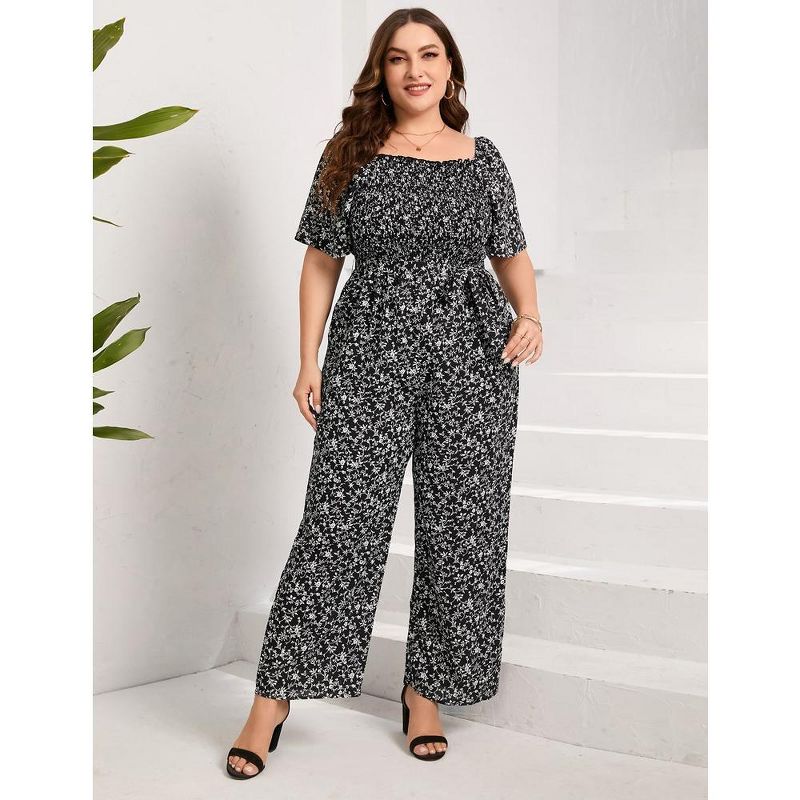 Whizmax Plus Size Casual Jumpsuits for Women Outfits Tie Belt Bell Sleeve Smocked Beach Wide Leg Floral Jumpsuits, 3 of 6