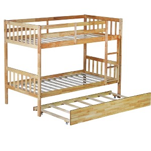 NicBex Twin Over Twin Bunk Bed with Trundle and Guardrail,Rubber Wood Twin Loft Bed with Ladder with Entrapment Barrier,Bunk Beds for Bedroom,Natural - 1 of 4