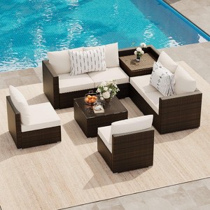 8 Pieces Outdoor Patio Furniture Set, Rattan Wicker Patio Conversation Sets with Cushions, Coffee Table and Storage Box - 1 of 4