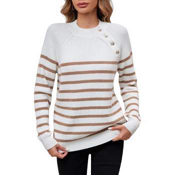 Whizmax Striped Long Sleeve Crew Neck Ribbed Knit Side Slit Oversized Pullover Sweater Jumper Top