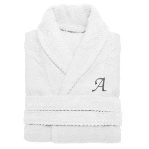 Linum Home Textiles 100% Turkish Cotton Unisex Personalized Herringbone White Bathrobe in Grey Chancery Font - 1 of 3