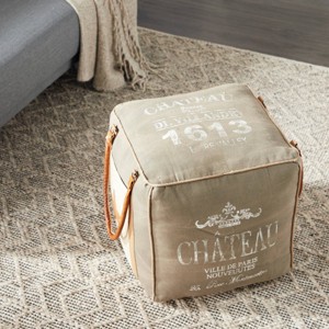 Canvas Pouf with Faux Leather Detail Gray - Olivia & May: Rustic Square, Indoor Use, No Assembly Required - 1 of 4