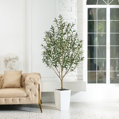 Artificial Olive Tree 5ft/6ft Tall Faux Indoor Plant - Realistic Green Leaves and Black Olives - Decorative Potted Tree for Living Room Home Office