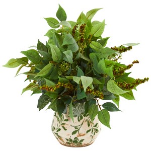 Nearly Natural Mixed Ficus, Fittonia and Berries Artificial Plant in Floral Vase - 1 of 1