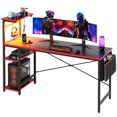 Bestier Reversible 63 inch Gaming Desk,LED Computer Desk with  Storage Bag & 4 Tier Shelves, Black