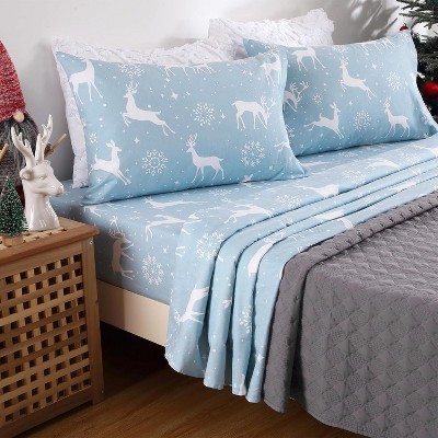 Christmas Sheets Set, Blue, 4-Piece Soft Brushed Microfiber, 16" Deep Pocket Fitted Sheet, Flat Sheet & 2 Pillowcases, Winter Holiday Bedding
