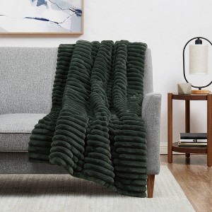 50"x60" Textured Faux Shearling Fur Reversible Throw Blanket Green - London Fog - 1 of 4