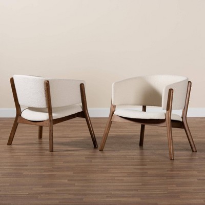 Cream Boucle and Walnut Wood Mid-Century Accent Chair