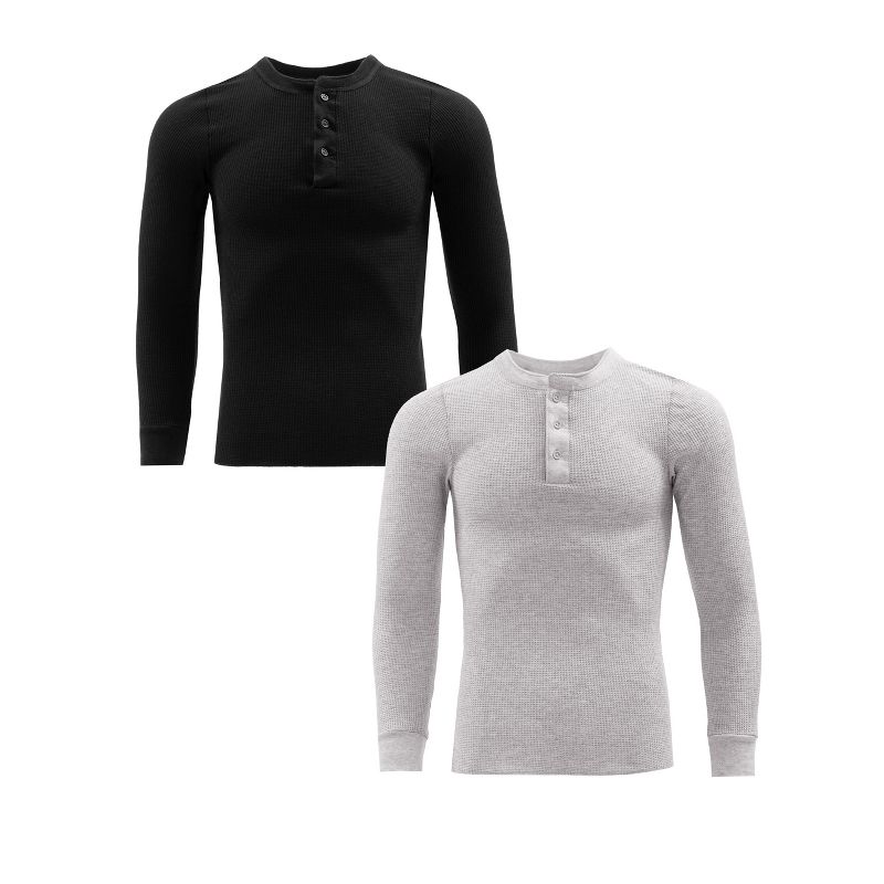 Fruit of the loom Men's 2 Pack Big Thermal Underwear Waffle Henley Top - Black Small