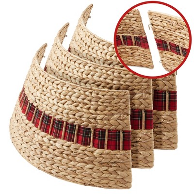 Natural Hyacinth Woven Christmas Tree Collar with Tartan Plaid Ribbon