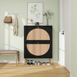 TIRAMISUBEST Black Rattan Shoe Cabinet - Modern 2 Flip-Drawer Storage Organizer for Entryway, Hallway or Living Room - 1 of 4