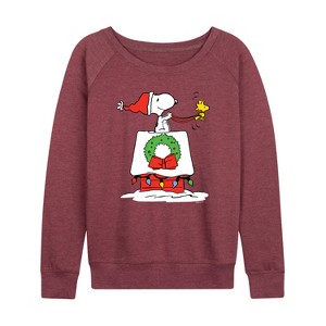 Women's - Peanuts - Snoopy and Woodstock House Sleigh Lightweight French Terry Wide Neck Long Sleeve Shirt - 1 of 4