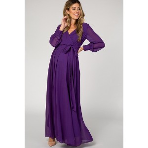 Pinkblush Purple Chiffon Long Sleeve Pleated Maternity Maxi Dress - 1 of 4