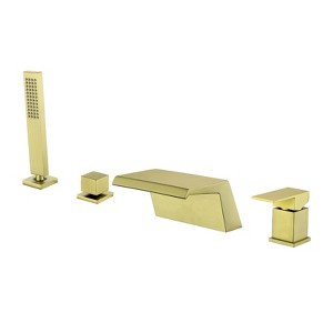 Cobbe Brushed Gold Waterfall Bath Faucet Set with 7.09-Inch Wide Tub Spout and Hand Shower Single Lever Control 4-Hole Installation - 1 of 4