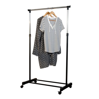 Adjustable Height Chrome and Black Rolling Garment Rack