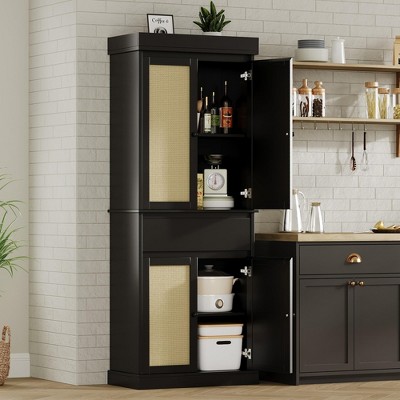 Tall Kitchen Pantry Cabinet - Rattan Doors, Adjustable Shelves, Freestanding Cupboard