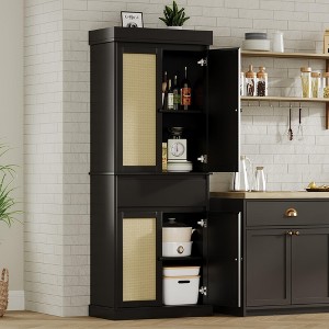 Tall Kitchen Pantry Cabinet - Rattan Doors, Adjustable Shelves, Freestanding Cupboard - 1 of 4