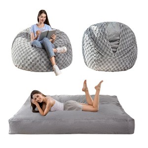 MAXYOYO Bean Bag Bed, Giant Bean Bag Chair to Bed with Jacquard Shaggy Plush Removable Cover for Living Room Bedroom, Grey - 1 of 4