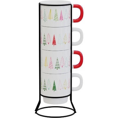 American Atelier Christmas Ceramic Mug & Rack Set - 4 Cups & Standing Metal Rack for Kitchen Countertop, Tabletop, or Café Display, 14 oz, Color Trees