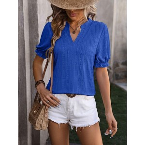 Womens Summer Short Puff Sleeves Blouses Shirts V Neck Cute  Knit Textured Casual Regular Fit Tops - 1 of 4