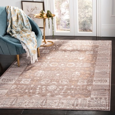 Brown and Beige Floral Bordered Synthetic Area Rug