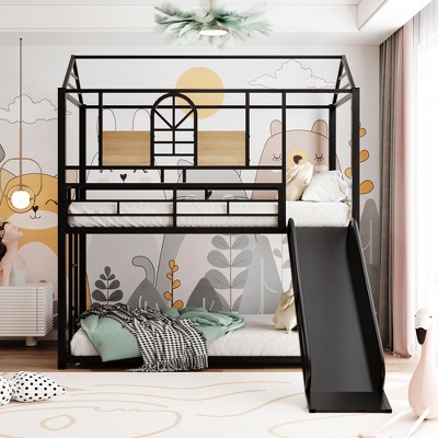 NicBex Twin over Twin Bunk Bed House Shape Loft Bed Metal Bed Frame with Full Length Guardrail, Slide and Ladder, No Box Spring Required