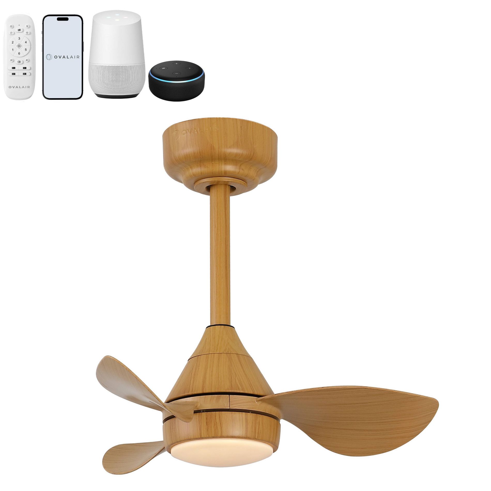 OVAL AIR Albini 22" Contemporary Minimalist 6-Speed Metal Mobile-App/Remote-Controlled Dimmable Smart Integrated LED Ceiling Fan, Aspen Pale Oak
