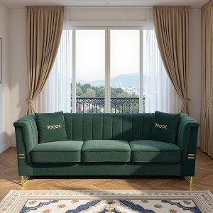 GDFStudio Tilo 83'' Mid-Century Modern 3-Seater Velvet Upholstered Sofa with 2 Pillows and Chesterfield Charm - 1 of 4