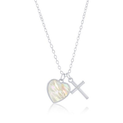 Bella Silver Sterling Silver, MOP Heart w/ CZ Cross Necklace - Silver - 14+3 Inch
