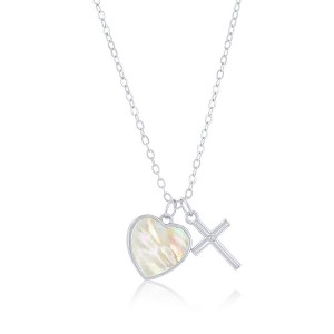 Bella Silver Sterling Silver, MOP Heart w/ CZ Cross Necklace - Silver - 14+3 Inch - 1 of 2