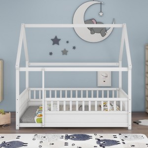 Vynxaria Full Size Wood House Floor Bed for Kids/Adults 20" High Fence, Premium Pine Wood, Roof Frame, Easy Assembly - 1 of 4