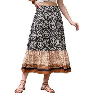 INSPIRE CHIC Women's Boho High Waist Vacation Color Block A-Line Maxi Skirts - 1 of 4