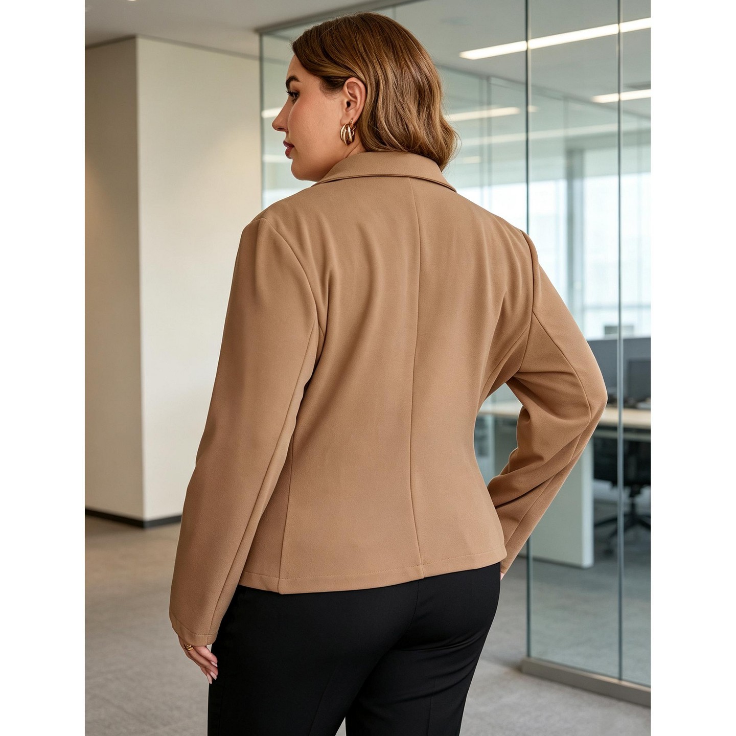 Женский пиджак YesFashion Plus Size Short Blazer with Pocket, Lapel Two Button Long Sleeve Casual Suit Jacket, Office Business Relaxed Outerwear Khaki, цвет: Хаки — фото 5